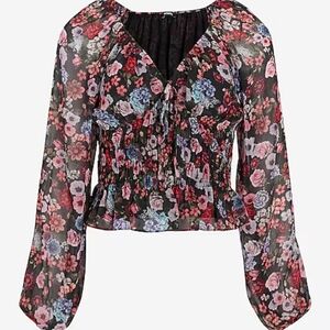 Express Floral V-neck Smocked Blouse